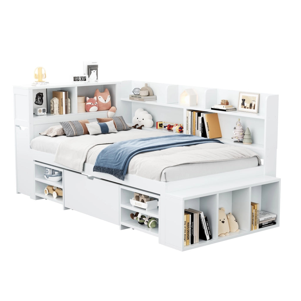 Letto per bambini 90x200 cm con cassetti, libreria e armadietto, con rete a doghe, bianco, senza materasso