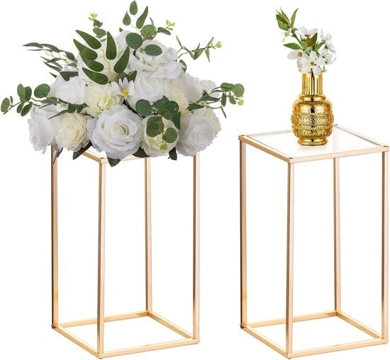 Due vasi di fiori in metallo per tavolo, geometrie, 40 cm di altezza, vaso per fiori dorato per casa, festa, matrimonio, decorazione