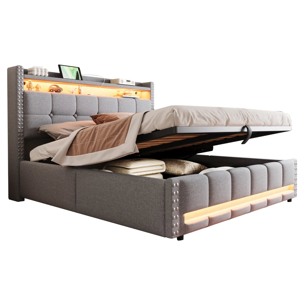 Letto imbottito 160x200 cm con LED, porta USB, testiera con ripiani e contenitore idraulico, tessuto effetto lino grigio chiaro