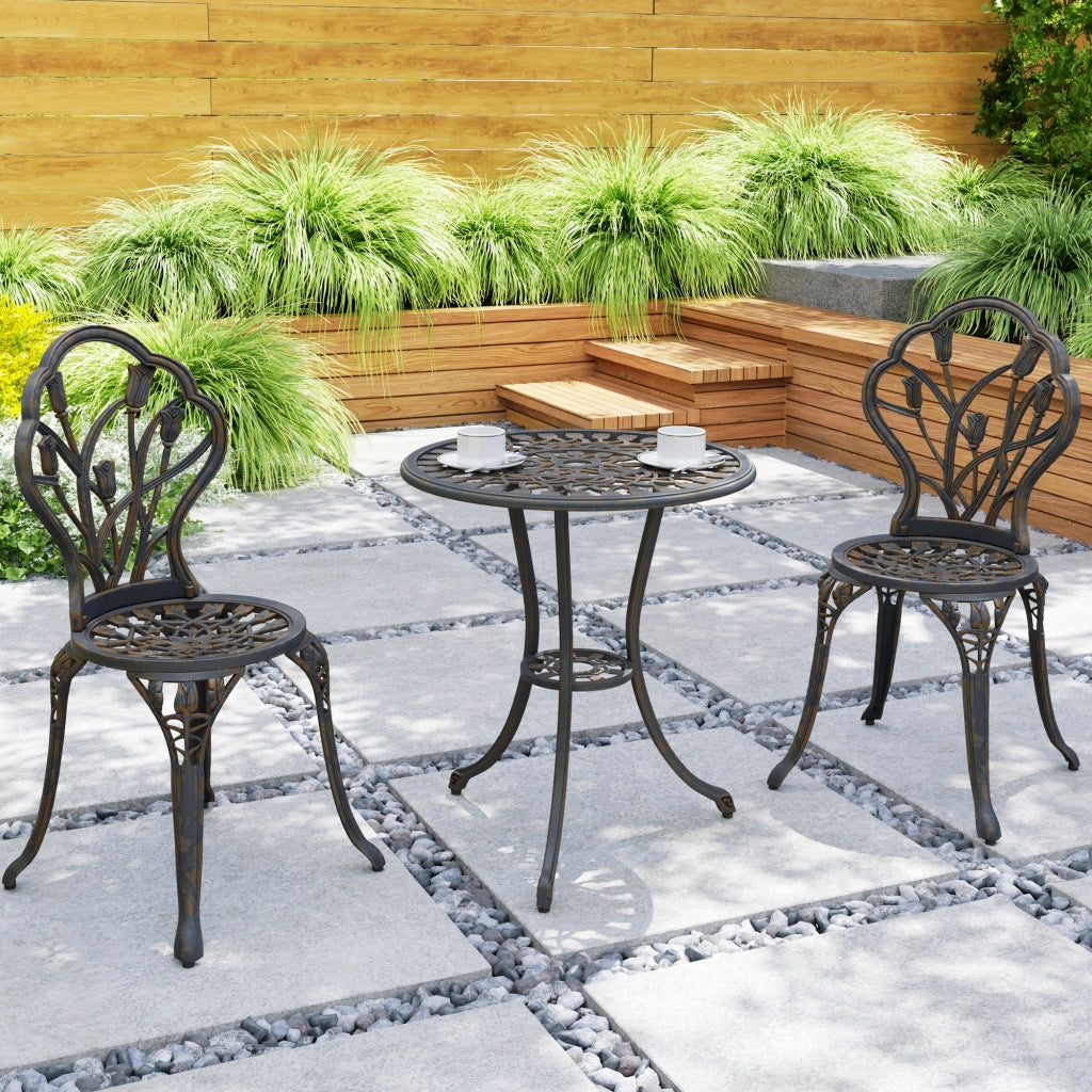Set 3 Pezzi da Giardino con 2 Sedie e Tavolo Rotondo con Foro per Ombrellone in Alluminio Bronzo