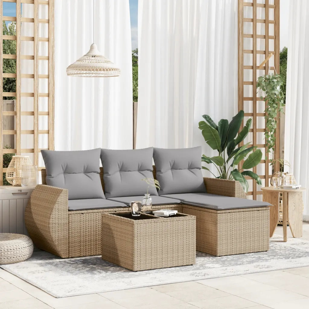 Set Divano da Giardino 5 pz | Set Salotto da Giardino con Cuscini Beige in Polyrattan