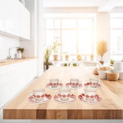 Set di Tazze da Caffè con Decorazioni Arabesche in Porcellana Bianca e Rossa 90 ml, con 6 Tazze da Caffè.