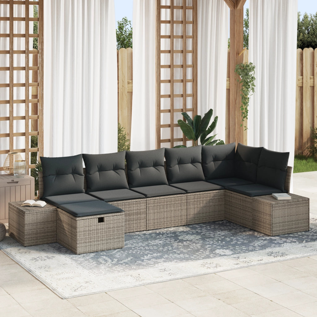 Set di divani da giardino da 7 pezzi con cuscini grigio in polyrattan
