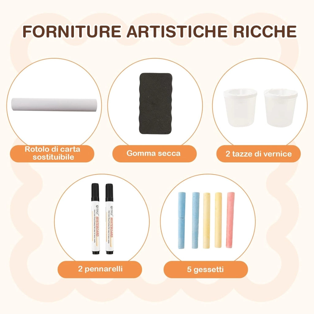Set 3 in 1 Tavolo e Sedie per Bambini 3+ Anni, Tavolo in Legno Sicuro con Lavagna Cancellabile, Magnetica, Cavalletto Regolabile, Libreria e Accessori Artistici, per Disegno (Bianco e Grigio)