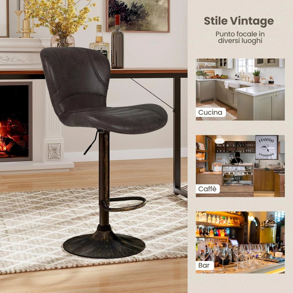Set di 2 Sgabelli da Bar Moderno in Similpelle, Regolabile e Girevole a 360°, Sgabelli da Cucina con Schienale, Poggiapiedi, Sgabello Struttura in Metallo Stile Vintage da Casa (Marrone)