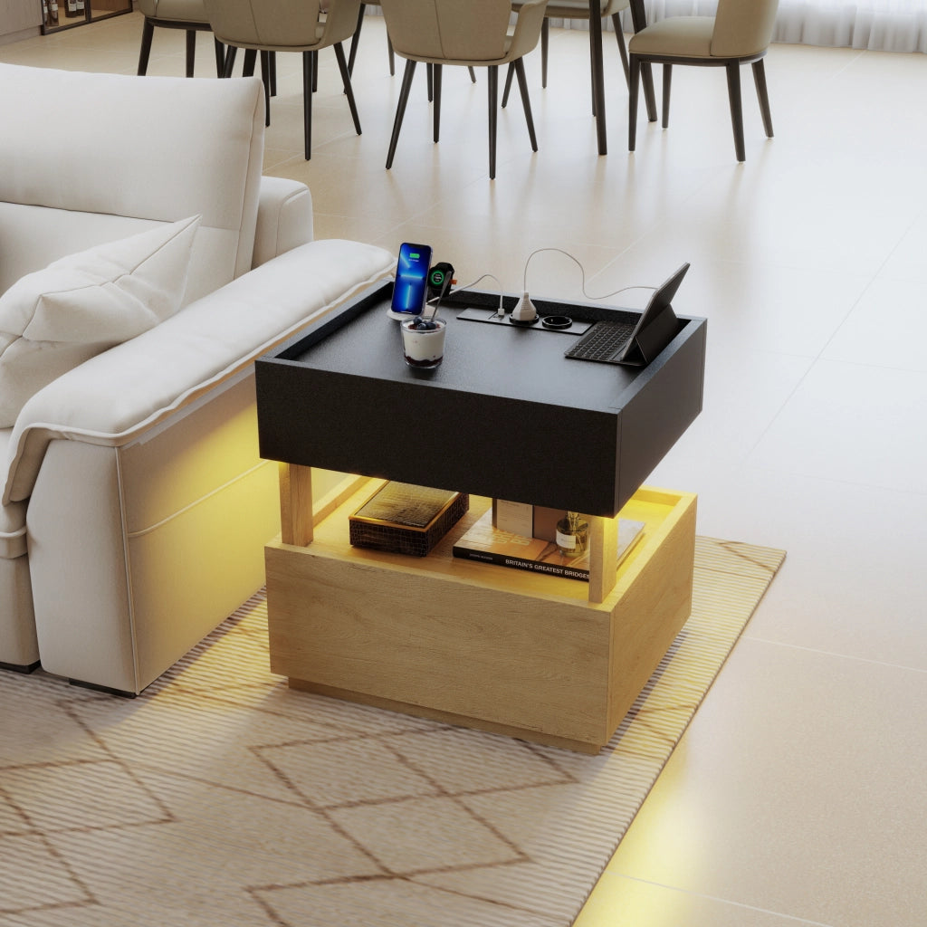 Comodino intelligente 50x40x50 cm nero e legno, LED, ricarica wireless, 2 cassetti