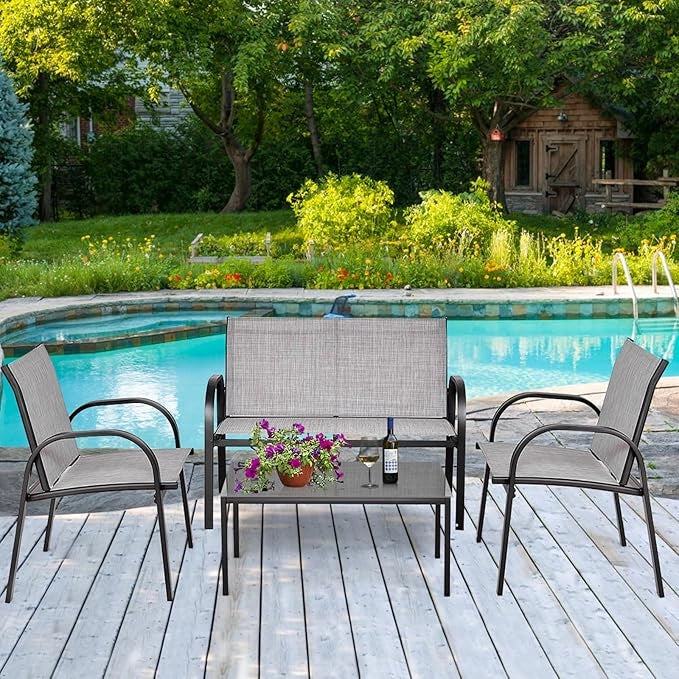 Set da Giardino con 4 Pezzi, Set da Giardino per Chiacchierare, Sedie da Giardino con Tavolino in Vetro, con Struttura Resistente in Ferro, Tessuto a Rete Traspirante (Grigio)