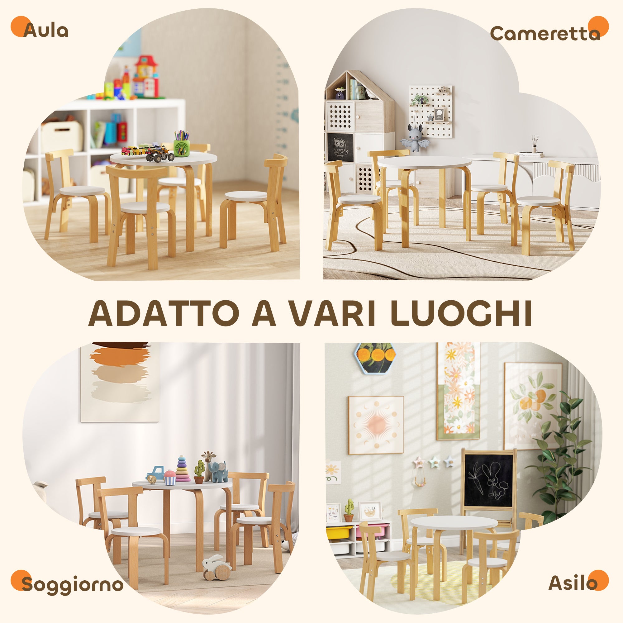 Set Tavolo e 4 Sedie per Bambini 3-8 Anni 5 pz con Bordi Arrotondati in Legno Bianco