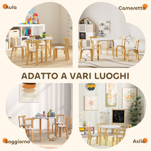 Set Tavolo e 4 Sedie per Bambini 3-8 Anni 5 pz con Bordi Arrotondati in Legno Bianco