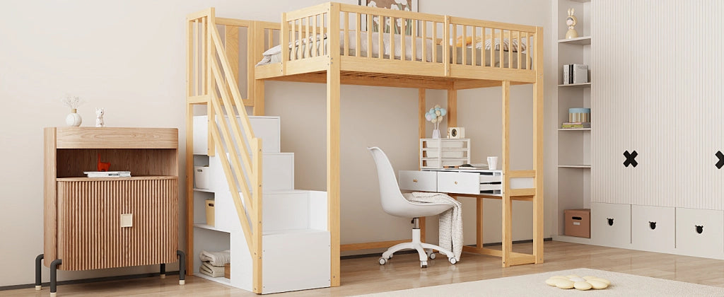 DESMIU Letto a soppalco 90 × 200 cm 1 posto con scrivania, scala contenitore, senza materasso, bianco e rovere chiaro