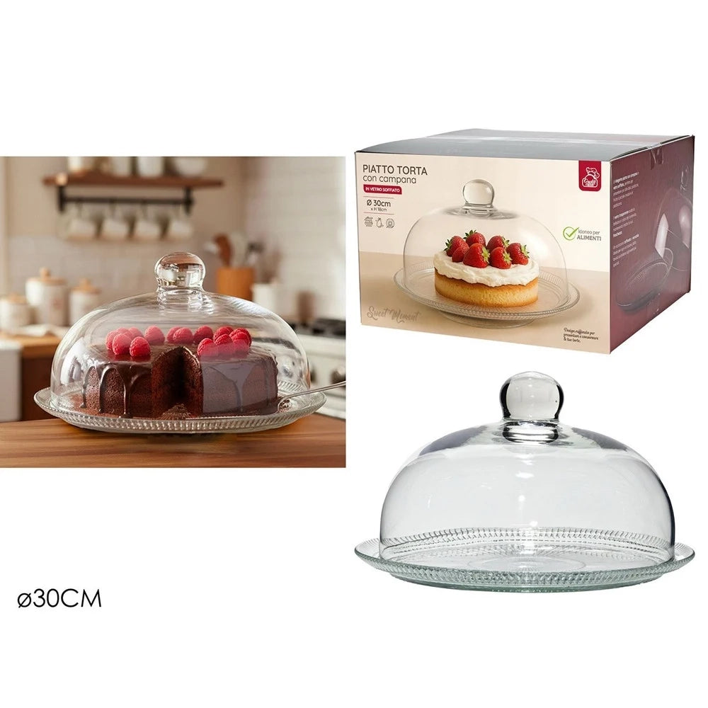 Trade Shop - Piatto Torta Con Campana Trasparente ø30 X H18 Cm In Vetro Soffiato Design Raffinato -