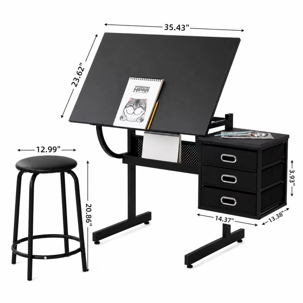 Tavolo da disegno nero con sgabello e 3 cassetti; MDF e metallo; piano inclinabile 0-75°