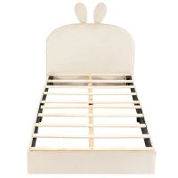 Letto imbottito con testiera a forma di coniglio, letto per bambini con doghe in legno, senza materasso, 90×200 cm, Beige