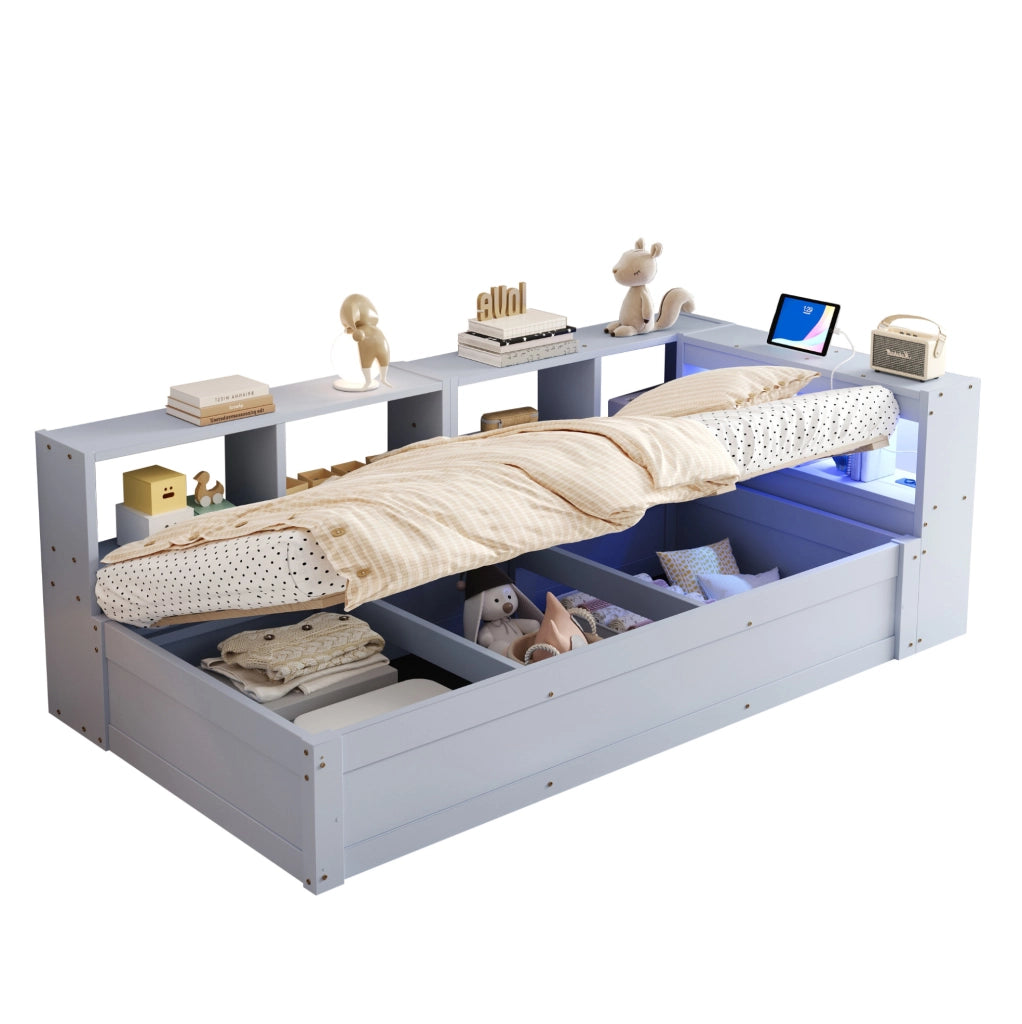 Letto multifunzione 90x200 cm con presa; contenitori e LED grigio