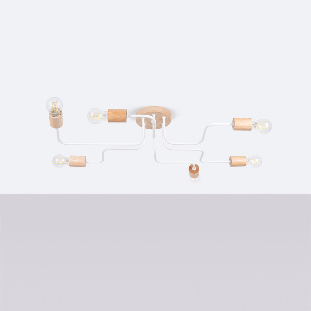 Lampada da parete TIMBO Peach Puff a 6 luci, design scandinavo, in legno bianco e acciaio