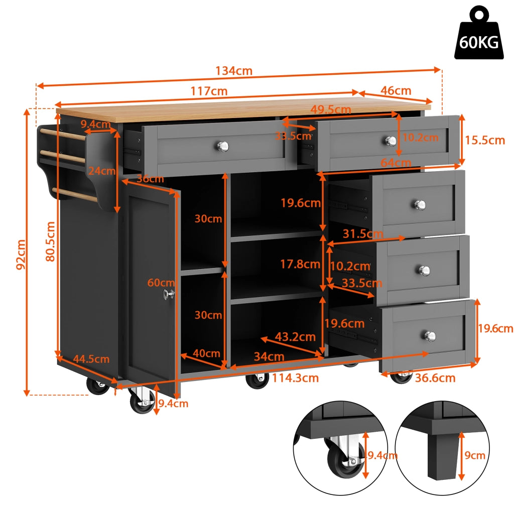 OKWISH Carrello da cucina con 5 cassetti, 1 armadietto, 2 vani, ripiano regolabile e ruote, per cucina, 134×46×92 cm