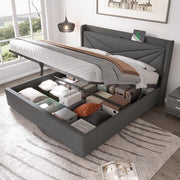 Letto Contenitore Imbottito Matrimoniale con USB ¨C MINIMAL ¨C Tessuto Lino 180x200 con Rete a Doghe
