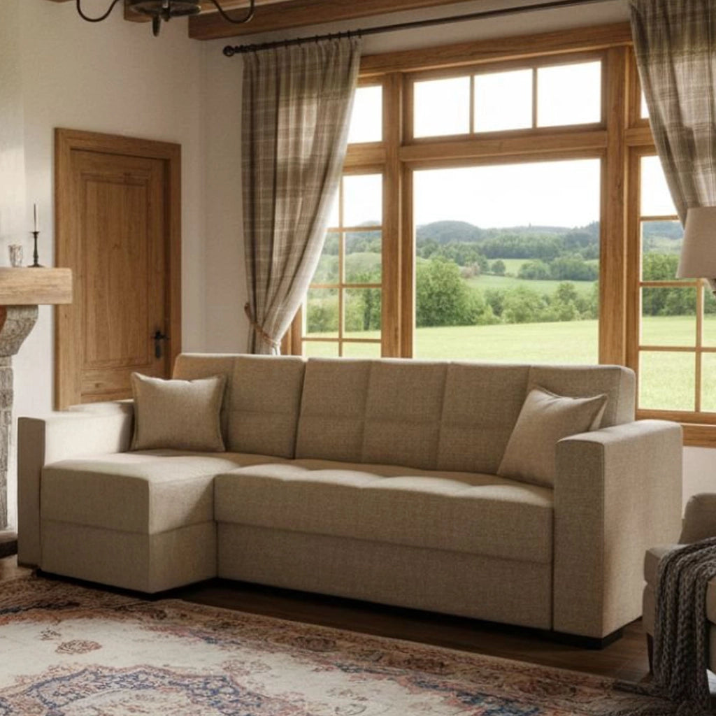Divano letto Armadillo, Divano letto ad angolo con penisola reversibile, Sofà\  contenitore da soggiorno con chaislongue e 2 cuscini, Cm 230x150h81, Beige