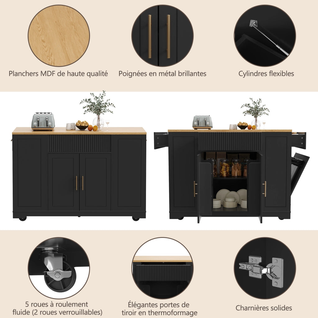Isola da Cucina con 2 Ante; 3 Cassetti; Vano per Pattumiera e Ruote; 120 x 50 x 92 cm; Nero