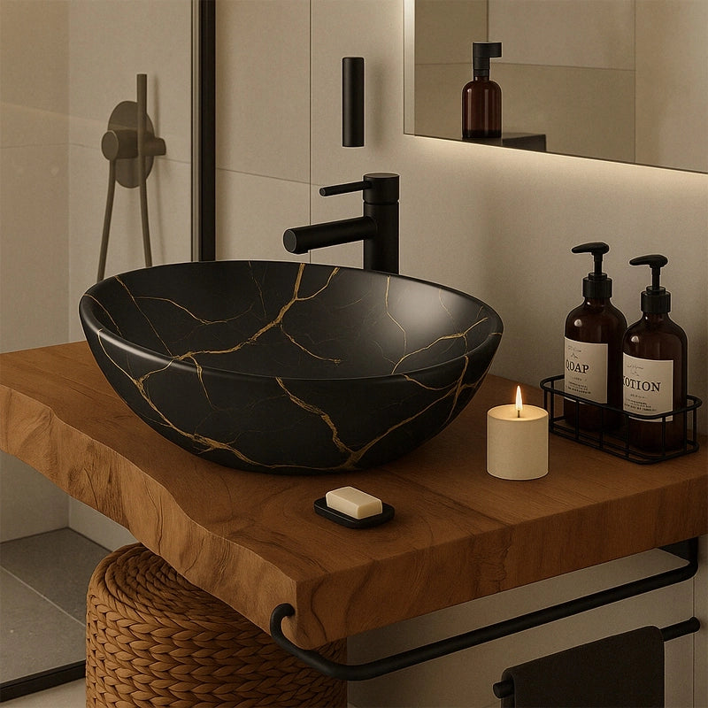 Lavabo da appoggio in ceramica, nero opaco con venature marmorizzate, ovale, 41x34,5 cm