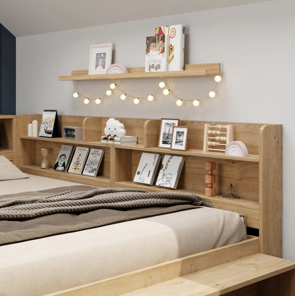 Letto per bambini 90x200 cm con cassetti; scaffali e contenitori in multistrato colore naturale