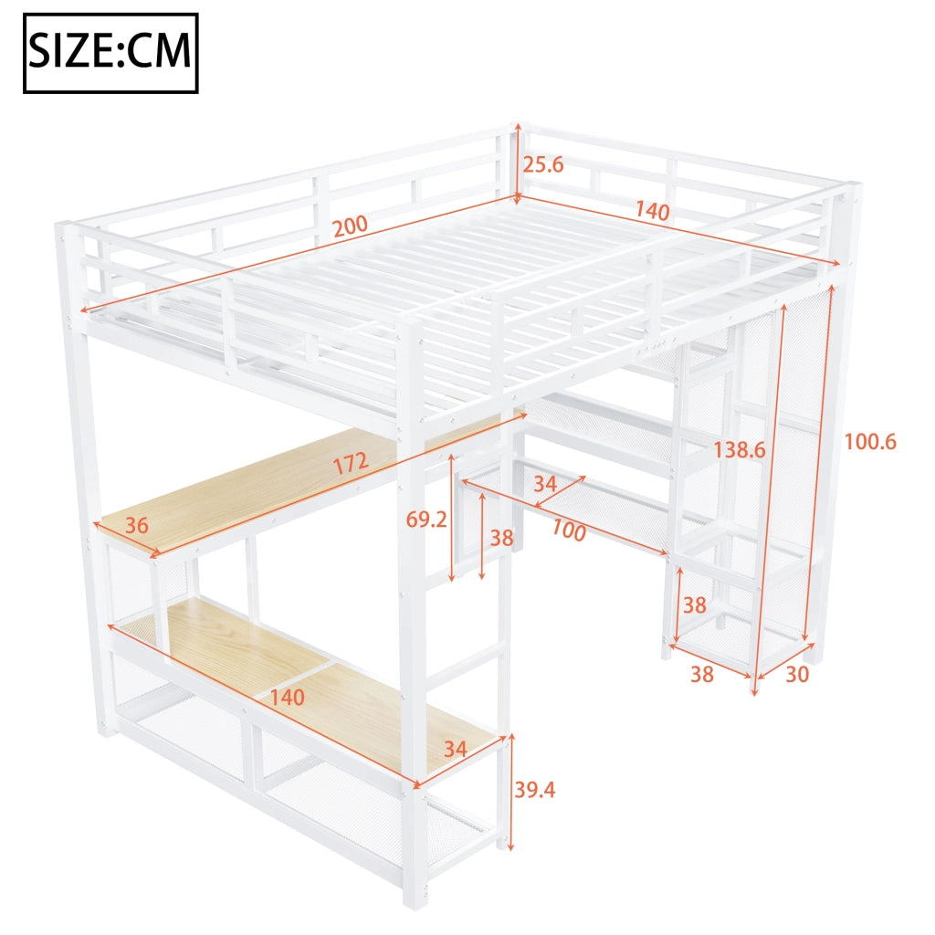 Letto a soppalco 140 × 200 cm con scrivania, ripiani, armadio aperto e LED, senza materasso, bianco
