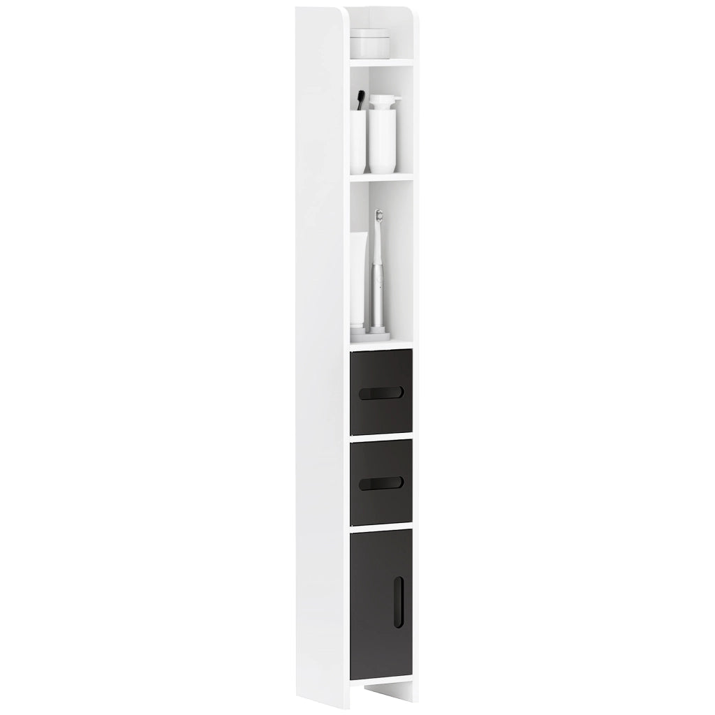 Colonna Bagno con 3 Mensole e 3 Armadietti, in Legno, 15x17x120 cm, Bianco e Nero