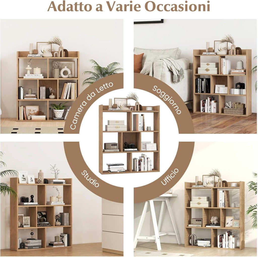 Libreria a Cubi con 7 Scomparti, Mensola Espositiva per l'Archiviazione, Libreria in Legno con Dispositivi Anti-Ribaltamento, per Studio Soggiorno, 80x20x90 cm (Naturale)
