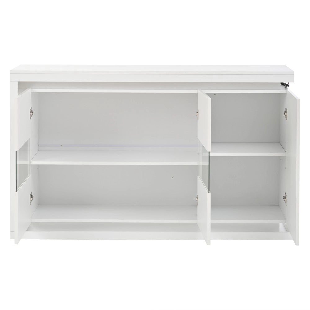 Credenza con LED ¨C MINIMAL ¨C Bianco Lucido, Ante in Vetro Temperato, 140x40x84