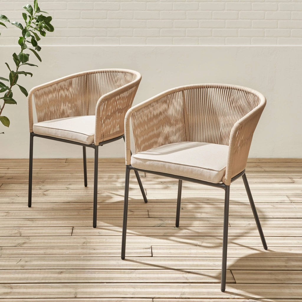 Set 2 sedie da giardino in corda e acciaio zincato, beige