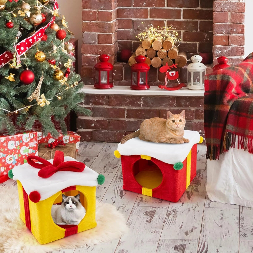 Set 2 Cuccia Cane Interno a 2 Piani, Tiragraffi per Gatto a Forma di Scatola di Natale in Tessuto e MDF, Lettino Gatto Interno per Inverno, Rosso e Giallo