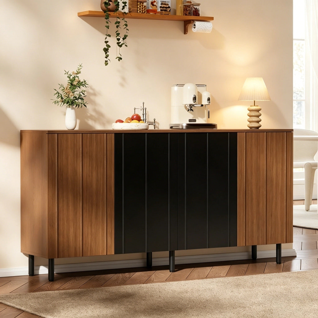 Credenza con 4 ante e ripiani regolabili; ante scanalate e gambe in metallo; per sala da pranzo e cucina; 160×35×80 cm