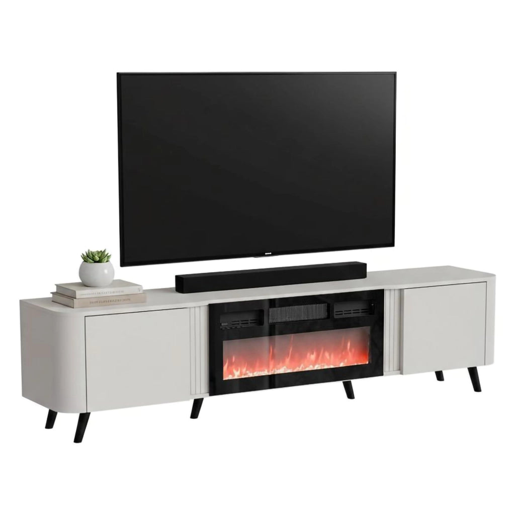 Mobile porta TV Vicino, Madia da salotto con due ante battenti e camino elettrico, Rialzato da terra, 191x40 h58 cm, Beige