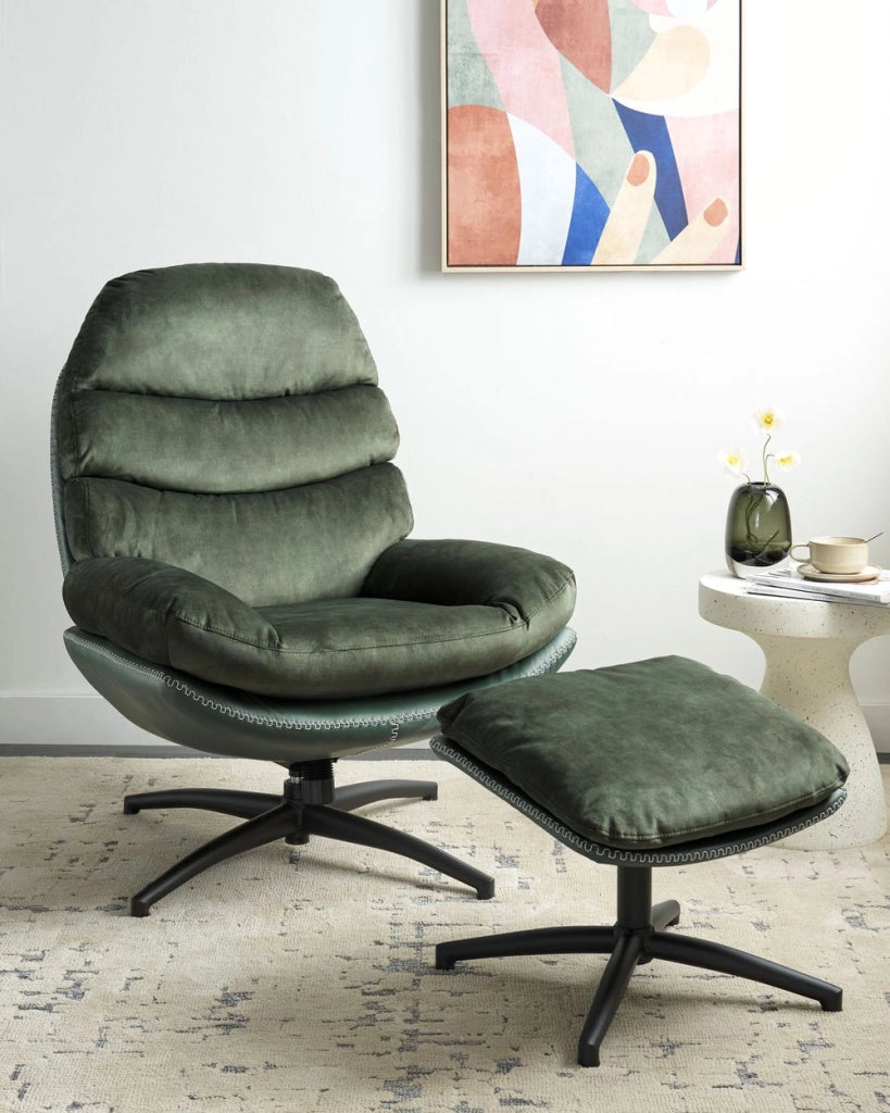 Poltrona girevole con poggiapiedi Velluto verde Base singola Seduta imbottita