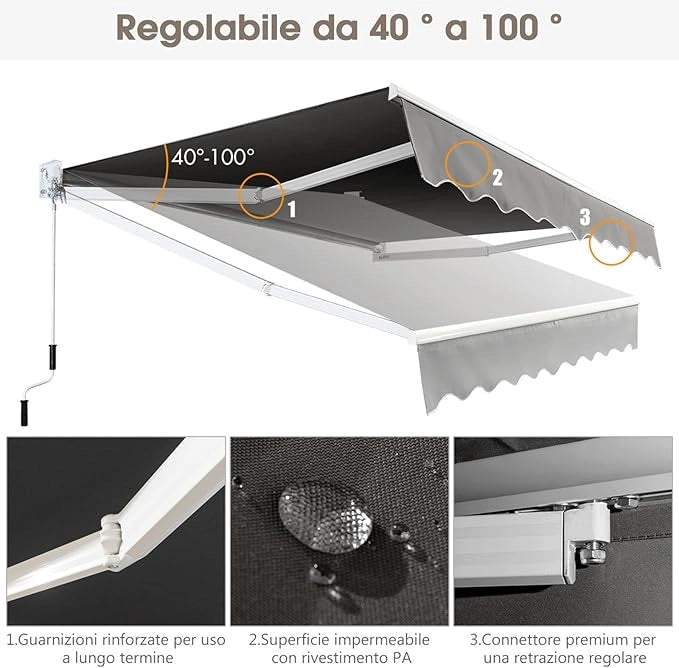Tenda da Sole per Esterno Avvolgibile, Tenda da Sole a Bracci Estensibili con Telaio in Alluminio e Tettuccio Resistente al Sole e Impermeabile e Manovella (Grigio, 245 x 200 cm)