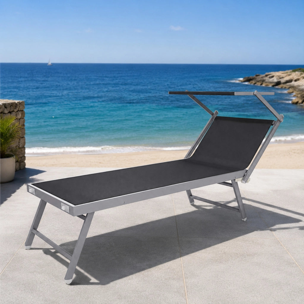 Lettino Sdraio Prendisole Professionale Richiudibile In Alluminio E Textilene con Tettino Parasole Orientabile Lettino Relax Mare Spiaggia Piscina Giardino Solarium 182 x 60 x 38 Cm Nero