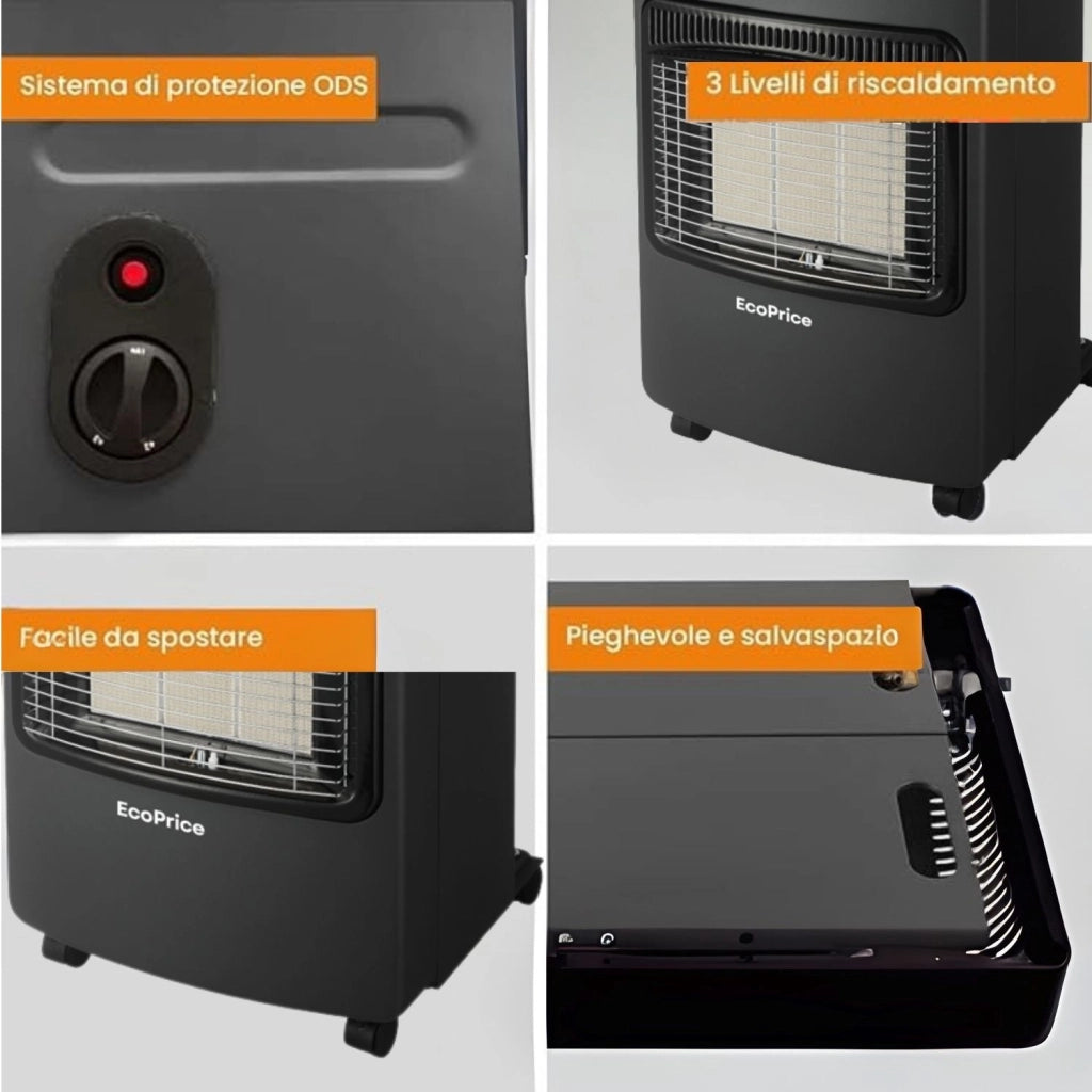 Stufa A Gas Pieghevole,Infrarossi,Accensione Piezoelettrica,Adatta Per GPL/Butano/Propano,A 15 Kg,Sistema ODS EcoPrice®
