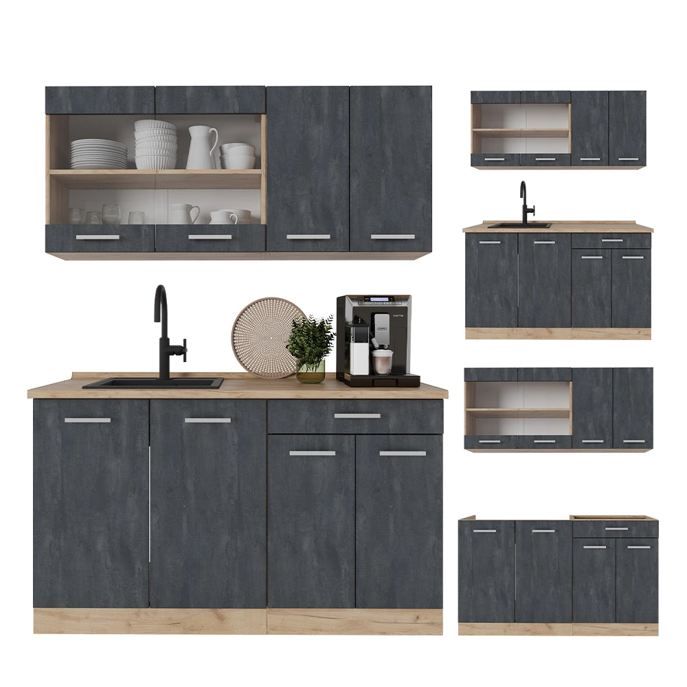 Vicco Cucina monoblocco Calcestruzzo nero/quercia dorata 140 cm PL Rovere