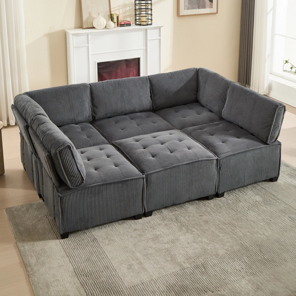 DIVANO Modulare 6 Posti in Velluto a Coste Grigio 308x154 cm