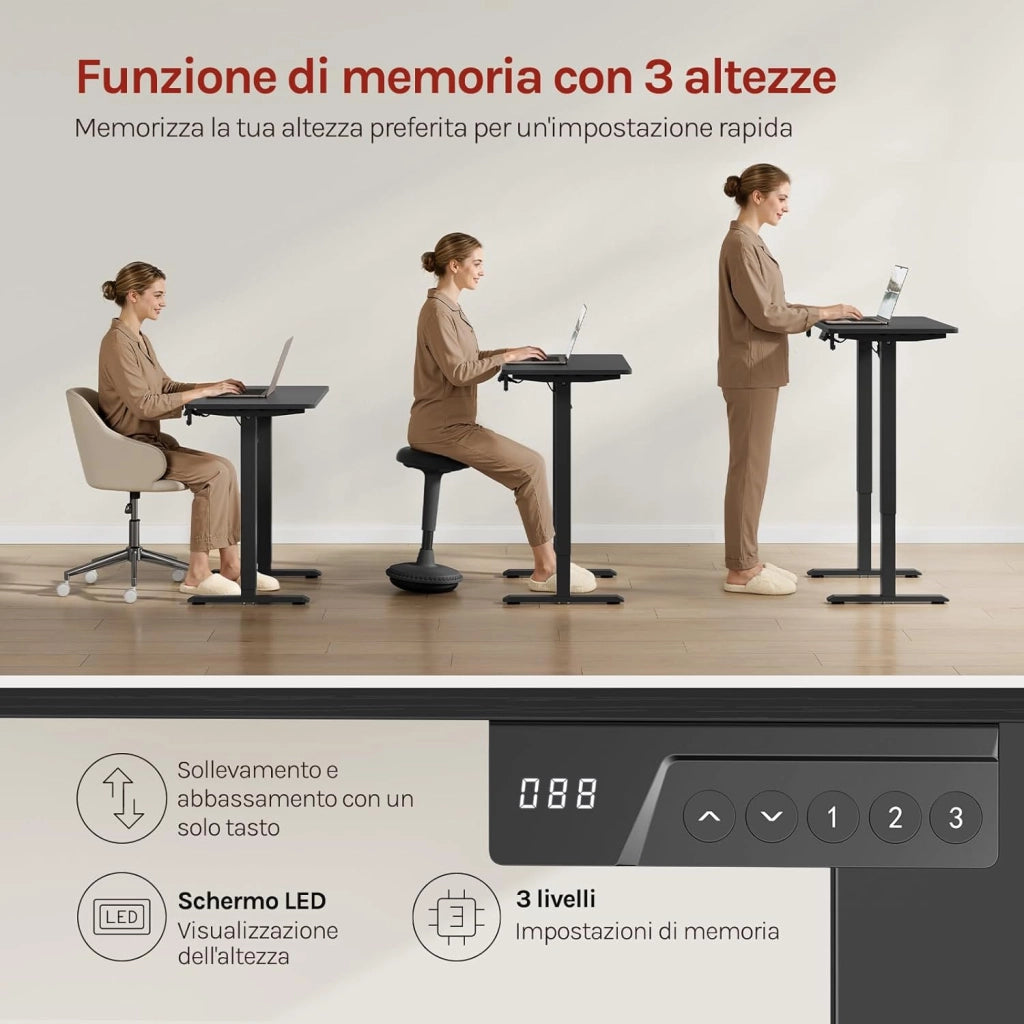Scrivania Elettrica Regolabile in Altezza 72-118 cm, con 3 Memorie e 2 Ganci – Nero, Silenziosa, Capacità di Carico 80 kg – per Ufficio, Casa, Gaming e Studio, 80x48 cm