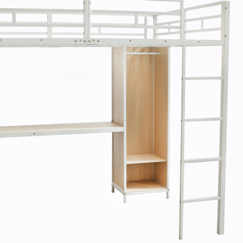 OKWISH Letto a soppalco 140×200 cm, Letto Matrimoniale con Scrivania, Contenitori, Armadio e Mensole, senza Materasso, Bianco