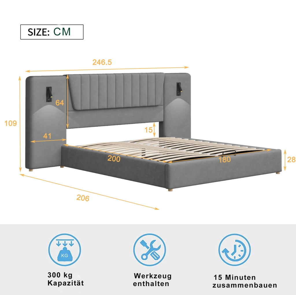 Letto matrimoniale imbottito 180x200 cm grigio con USB