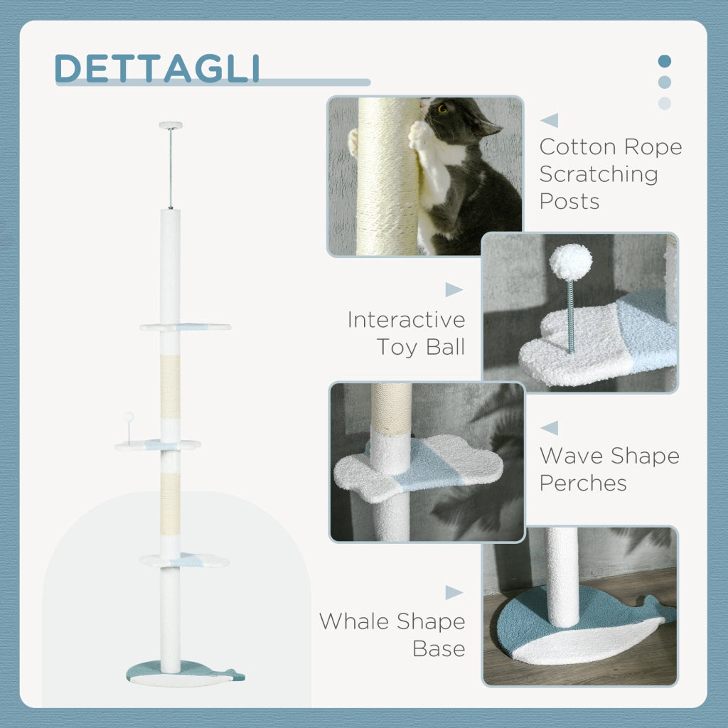 Albero Tiragraffi per Gatti a Soffitto con Palo Regolabile da 225-255 cm in Peluche Bianco
