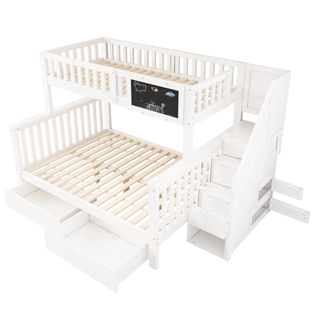 Letto a castello 90x200 e 140x200 cm con lavagna e cassetti in legno bianco