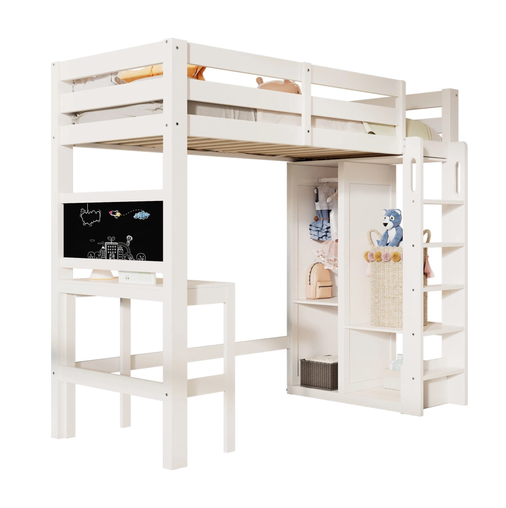 Letto a soppalco 90x200 cm con scrivania; lavagna e armadio aperto; bianco in legno