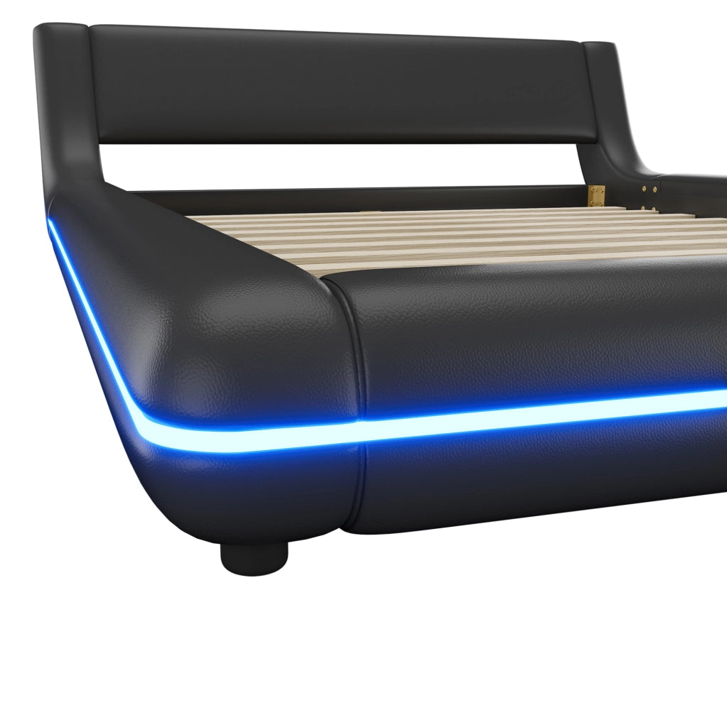 Letto a pavimento 140x200 cm con LED; PU e MDF nero