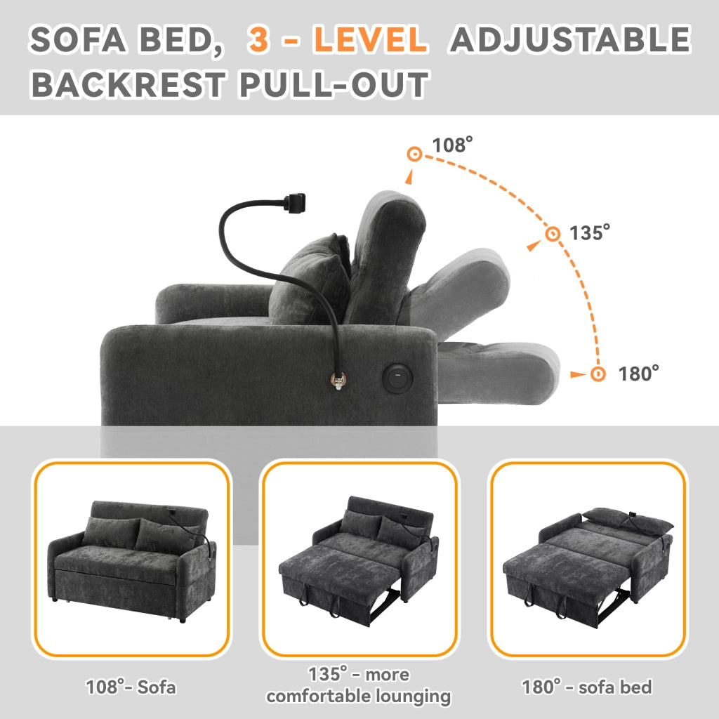 Divano Letto 2 Posti con Schienale Regolabile, USB, Supporto per Telefono e Tasche Laterali, in Ciniglia Grigio 129 × 76 × 81 cm