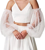 Maniche di matrimonio - 1 coppia - 60 cm Lunghezza - Orlo e Tulle - Puff mofe - Senza dita - Tulle a rilievo - Lampadine rimovibili - Bianco - Per matrimonio e festa di gala