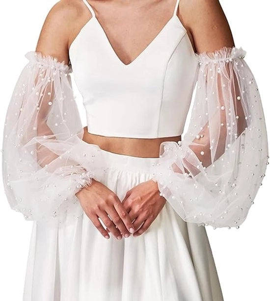 Maniche di matrimonio - 1 coppia - 60 cm Lunghezza - Orlo e Tulle - Puff mofe - Senza dita - Tulle a rilievo - Lampadine rimovibili - Bianco - Per matrimonio e festa di gala