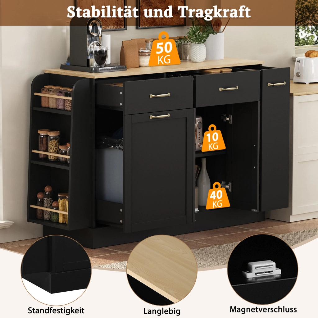 Credenza e madia con vani aperti, vano pattumiera e ripiani, per cucina e sala da pranzo, nera, 133,5 × 40 × 86 cm